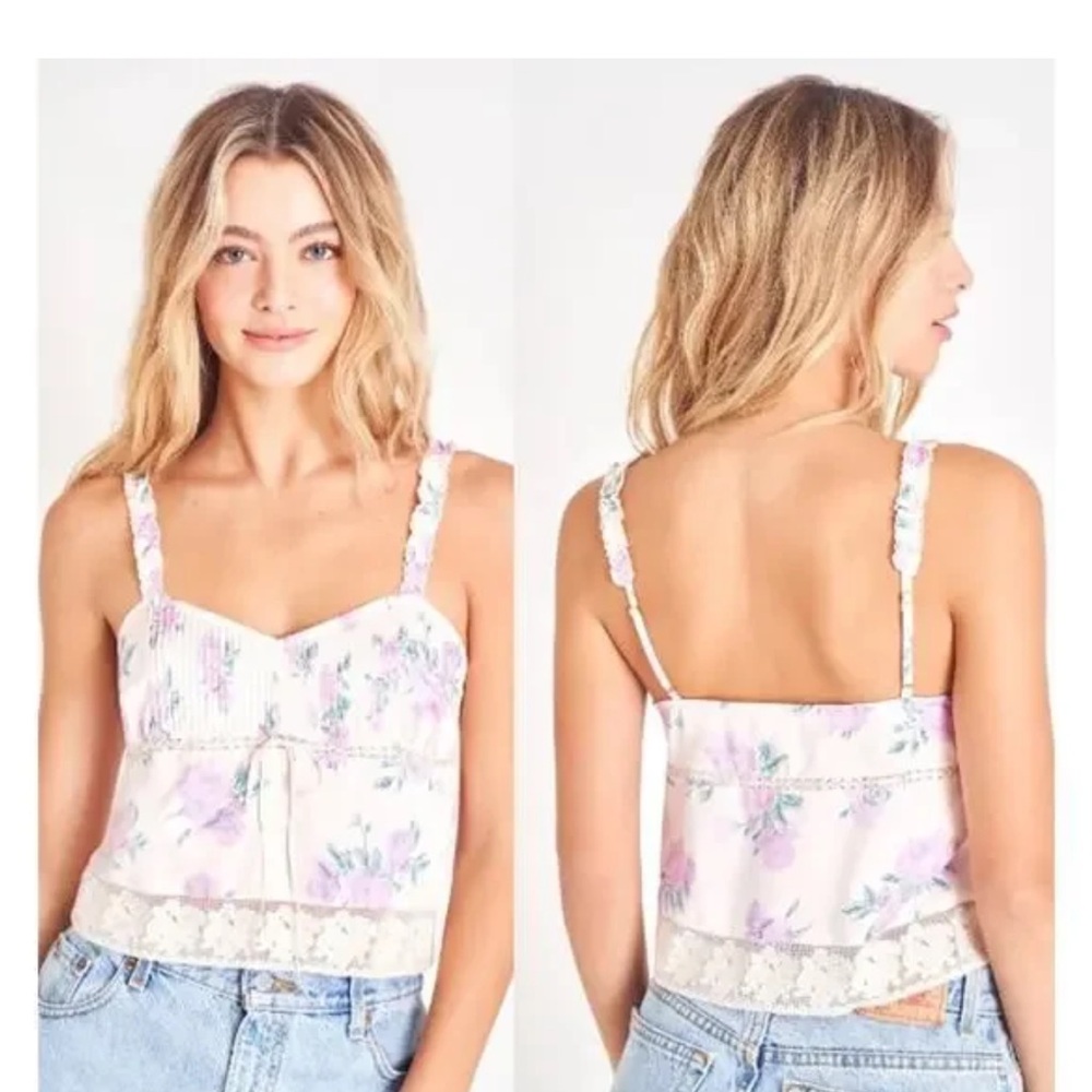 LoveShackFancy Lanzo Mauve Rose Floral Camisole with Lace Trim NWT XS